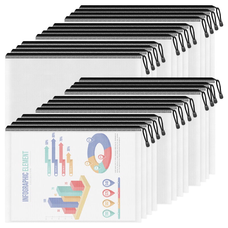 Smarpau A4/Letter Size Mesh Zipper Pouch, 24 Pack 13 "" x 9.4 "" Plastic Zipper Pouches for Organizing, Multipurpose Waterproof Zipper Bags for Travel, Office, Home Storage, Black - Image 1